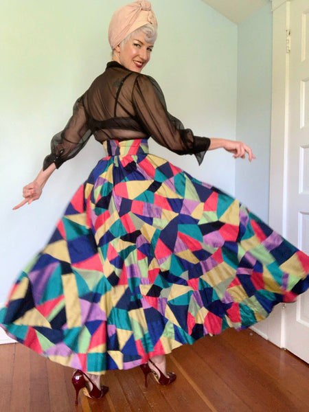 1960s Custom Made Thai Silk "Crazy Quilt" Full Maxi Skirt Signed by Artist