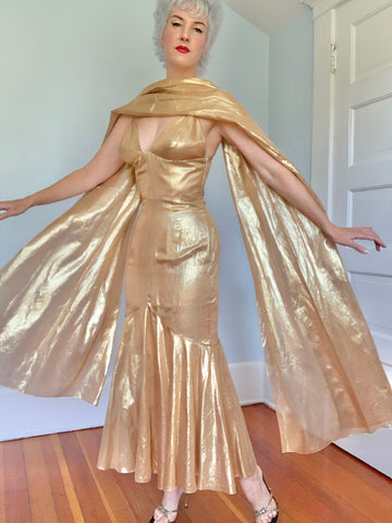 Designer “Jacques Fath Paris” Metallic Gold Silk Lamé Cocktail Dress w/ Shawl