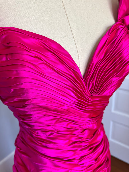 Couture 1980s "Vicky Tiel Couture" Hottest Pink Silk Fully Ruched Hourglass Cocktail Dress