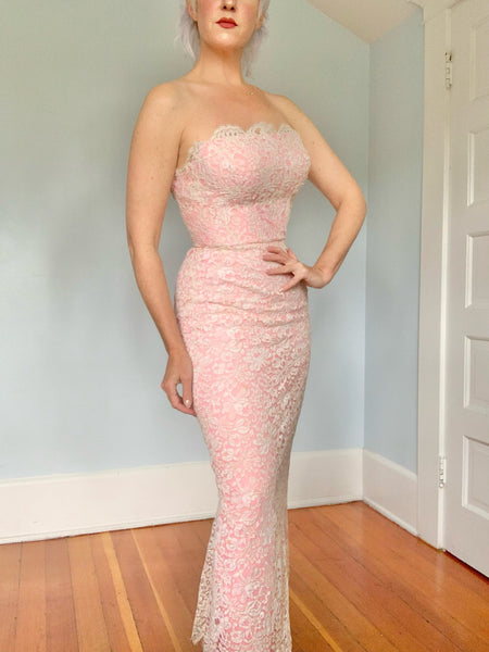 1960s Strapless Extreme Hourglass Evening Gown in Handmade Lace Over Hot Pink Silk Chiffon