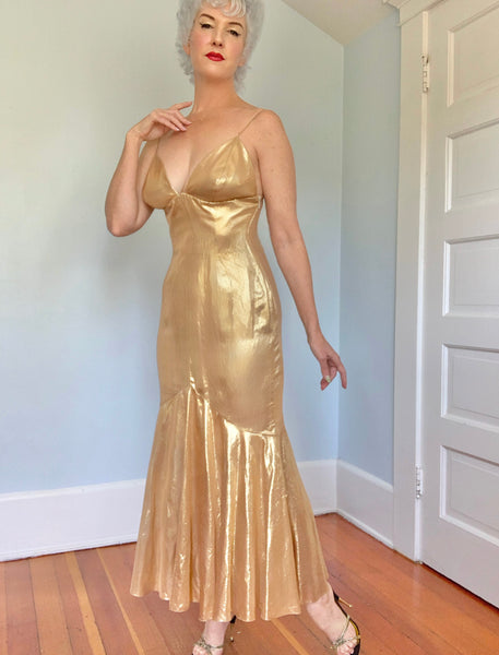 Designer “Jacques Fath Paris” Metallic Gold Silk Lamé Cocktail Dress w/ Shawl
