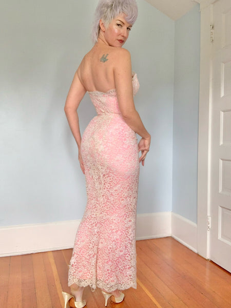 1960s Strapless Extreme Hourglass Evening Gown in Handmade Lace Over Hot Pink Silk Chiffon