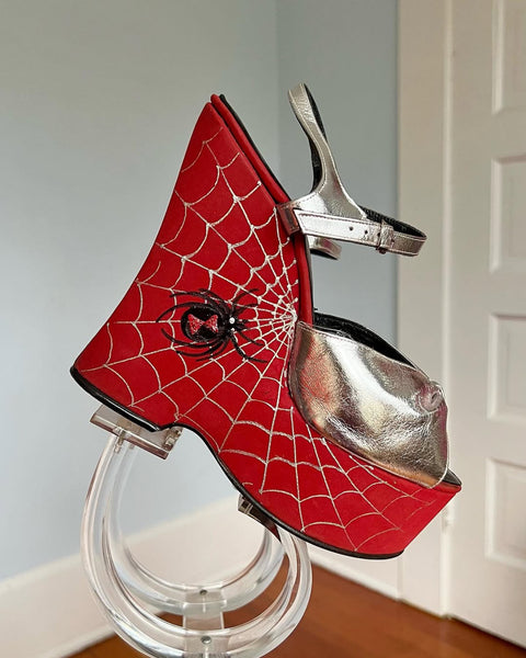 RARE 1970s Hand Painted Black Widow Spider & Spiderweb Platform Shoes by “The Wonder Wedge by Bonnie Smith for Kimel”