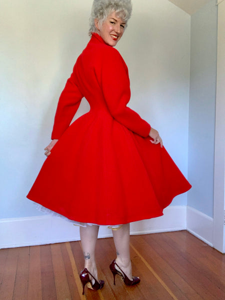 1950s Cherry Red Wool Princess Coat