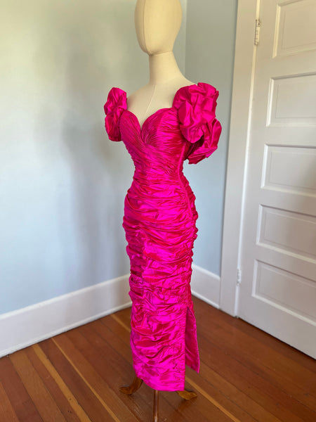 Couture 1980s "Vicky Tiel Couture" Hottest Pink Silk Fully Ruched Hourglass Cocktail Dress