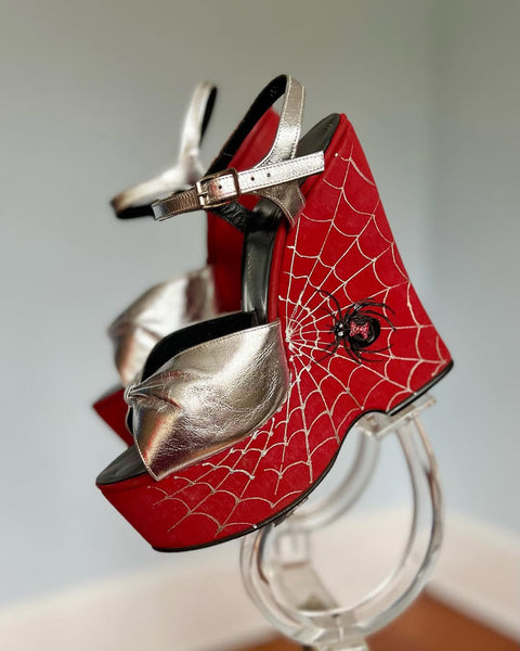 RARE 1970s Hand Painted Black Widow Spider & Spiderweb Platform Shoes by “The Wonder Wedge by Bonnie Smith for Kimel”