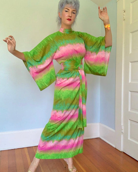 1960s “Mr. Blackwell” Japanese Inspired Maxi Dress w/ Obi Belt