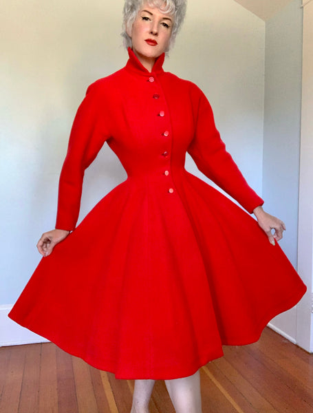 1950s Cherry Red Wool Princess Coat