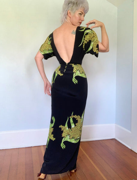 Spectacular 1940s Impeccably Draped Silk Mimosa Print Extreme Hourglass Evening Gown w/ Risqué Open Back