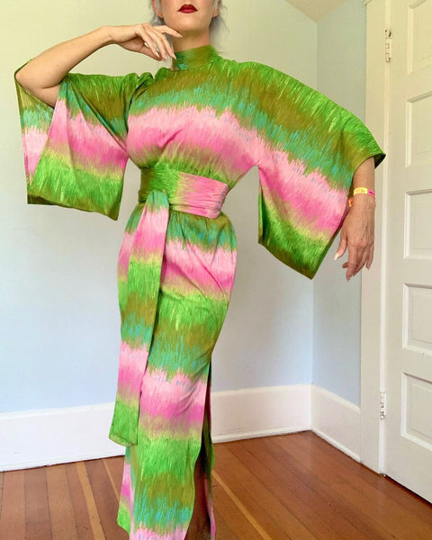 1960s “Mr. Blackwell” Japanese Inspired Maxi Dress w/ Obi Belt