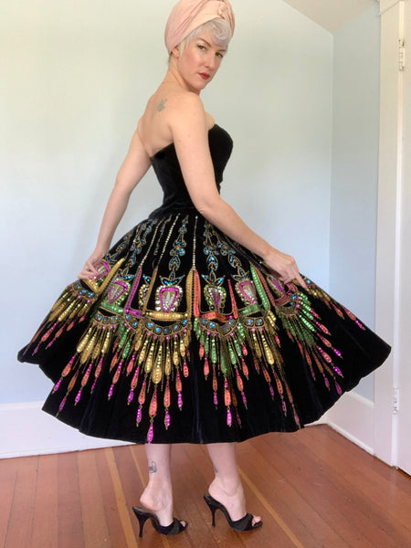 Custom Made 1950s Dazzling Hand Painted / Sequined Strapless Velvet Party Dress