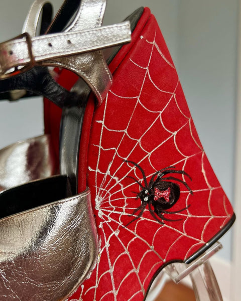 RARE 1970s Hand Painted Black Widow Spider & Spiderweb Platform Shoes by “The Wonder Wedge by Bonnie Smith for Kimel”
