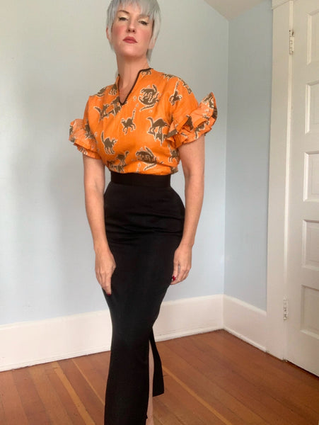 Rare 1930s Fighting Black Cats Halloween Cotton Blouse w/ Rhumba Ruffle Sleeves