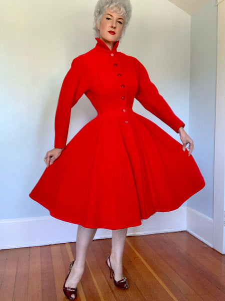 1950s Cherry Red Wool Princess Coat