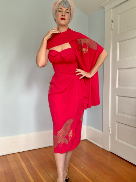 Rare 1940s Hawaiian Designer “Gladys Williams Honolulu” Hand Printed Crane Motif Silk Crepe Sarong Dress & Shawl