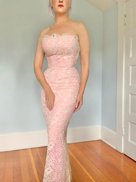1960s Strapless Extreme Hourglass Evening Gown in Handmade Lace Over Hot Pink Silk Chiffon