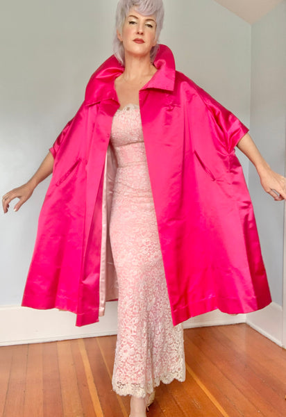 1960s Strapless Extreme Hourglass Evening Gown in Handmade Lace Over Hot Pink Silk Chiffon