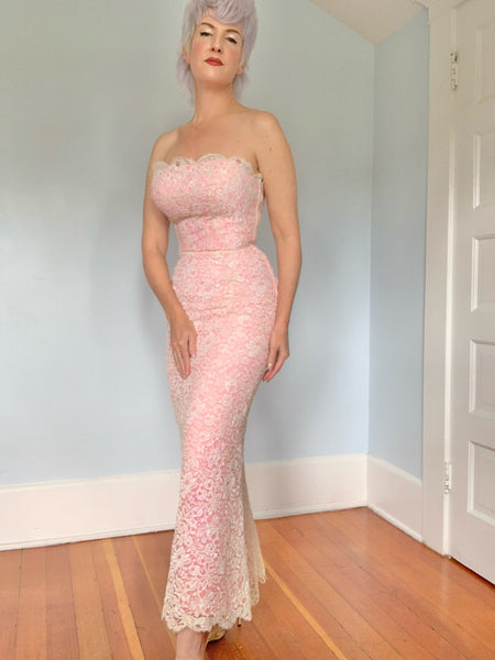 1960s Strapless Extreme Hourglass Evening Gown in Handmade Lace Over Hot Pink Silk Chiffon