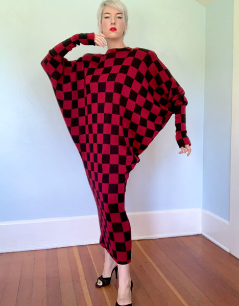 Avant-Garde 1980s "Norma Kamali" Checkered Knit Cocoon Maxi Dress