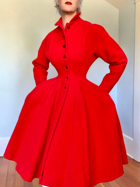 1950s Cherry Red Wool Princess Coat