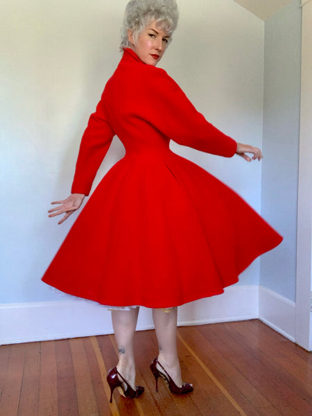 1950s Cherry Red Wool Princess Coat