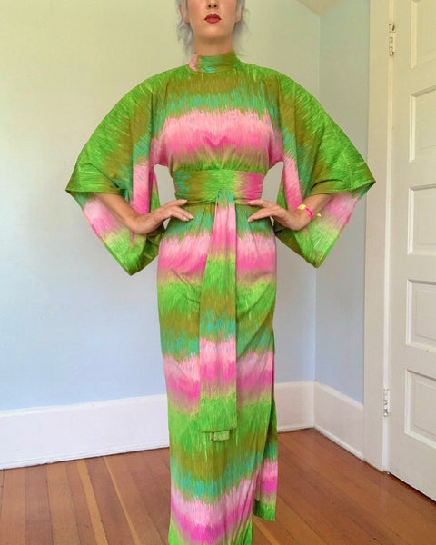 1960s “Mr. Blackwell” Japanese Inspired Maxi Dress w/ Obi Belt
