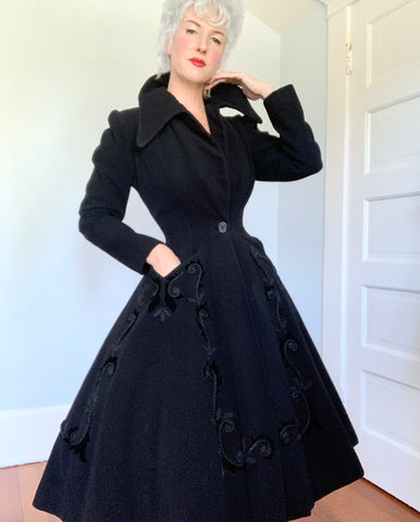 1940s True New Look Couture Parisian Cashmere w/ Velvet Princess Coat by “Maison Ernest Cognacq”