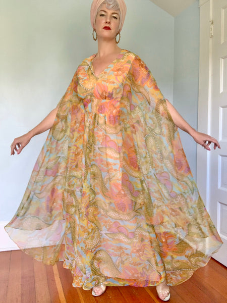 Fabulous 1960s "Futura Couture of New York" Dragon Novelty Print Hourglass Maxi Gown w/ Huge Draped Sleeves / Cape