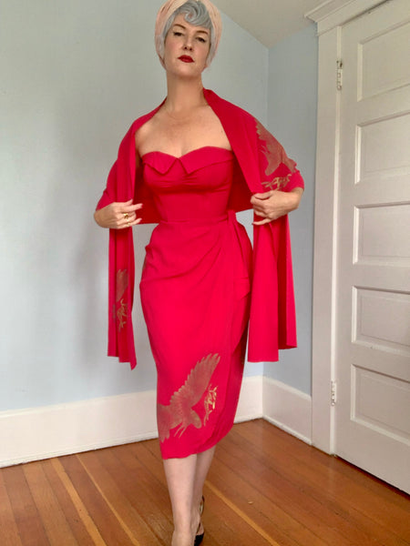 Rare 1940s Hawaiian Designer “Gladys Williams Honolulu” Hand Printed Crane Motif Silk Crepe Sarong Dress & Shawl