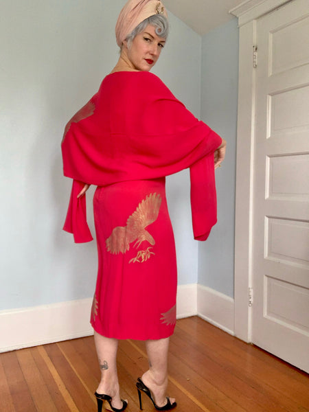 Rare 1940s Hawaiian Designer “Gladys Williams Honolulu” Hand Printed Crane Motif Silk Crepe Sarong Dress & Shawl