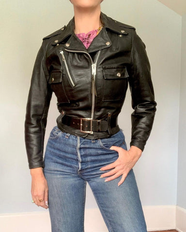 Rare Smaller Size Feminine 1950s “Harley Davison” Leather Motorcycle Jacket w/ Belt