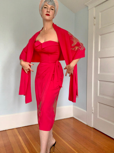 Rare 1940s Hawaiian Designer “Gladys Williams Honolulu” Hand Printed Crane Motif Silk Crepe Sarong Dress & Shawl