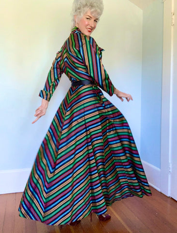 1940s Rainbow Candy-chevron-striped Satin Hostess Gown