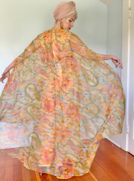 Fabulous 1960s "Futura Couture of New York" Dragon Novelty Print Hourglass Maxi Gown w/ Huge Draped Sleeves / Cape