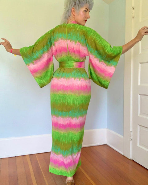 1960s “Mr. Blackwell” Japanese Inspired Maxi Dress w/ Obi Belt