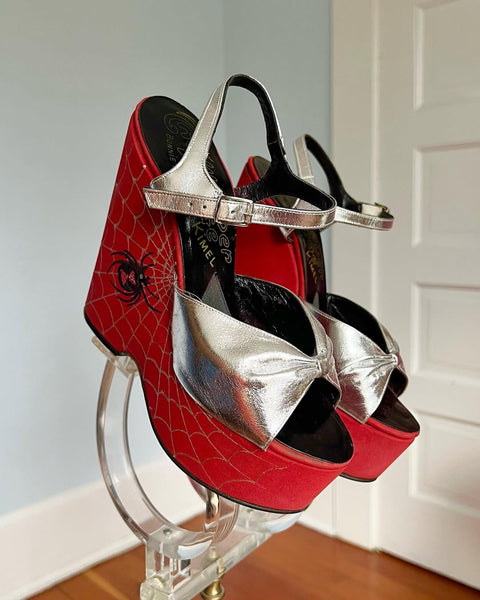RARE 1970s Hand Painted Black Widow Spider & Spiderweb Platform Shoes by “The Wonder Wedge by Bonnie Smith for Kimel”