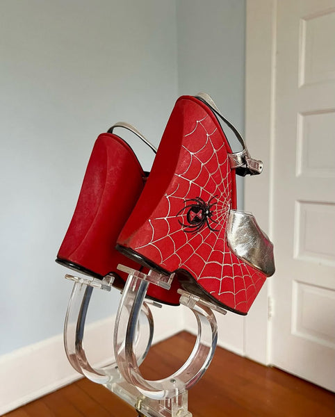 RARE 1970s Hand Painted Black Widow Spider & Spiderweb Platform Shoes by “The Wonder Wedge by Bonnie Smith for Kimel”