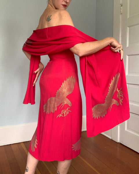 Rare 1940s Hawaiian Designer “Gladys Williams Honolulu” Hand Printed Crane Motif Silk Crepe Sarong Dress & Shawl