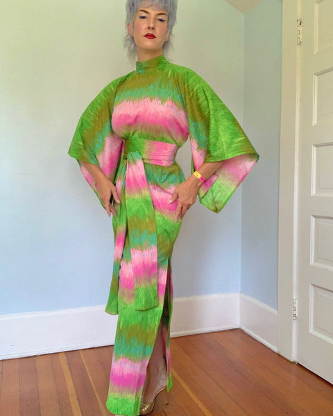 1960s “Mr. Blackwell” Japanese Inspired Maxi Dress w/ Obi Belt