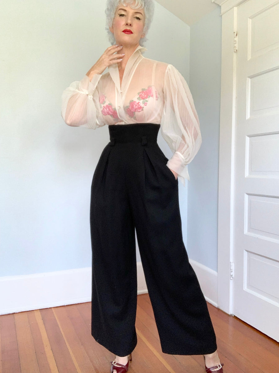 Unique Vintage Plus Size 1940s Black Satin High Waist Pants