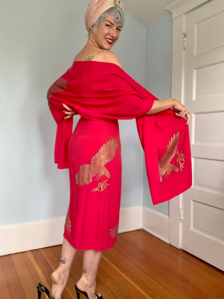 Rare 1940s Hawaiian Designer “Gladys Williams Honolulu” Hand Printed Crane Motif Silk Crepe Sarong Dress & Shawl