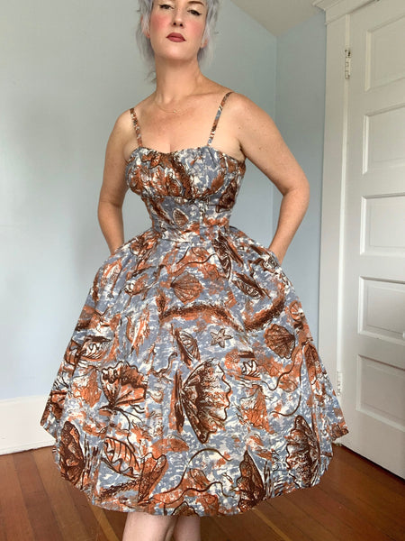 Deadstock 1950s “Nani of Hawaii” Painted Sealife Print Cotton Hawaiian Sundress Set