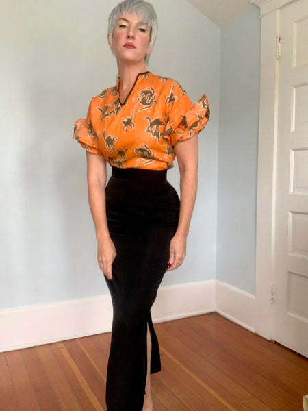 Rare 1930s Fighting Black Cats Halloween Cotton Blouse w/ Rhumba Ruffle Sleeves