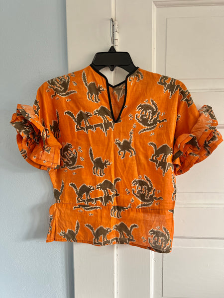 Rare 1930s Fighting Black Cats Halloween Cotton Blouse w/ Rhumba Ruffle Sleeves