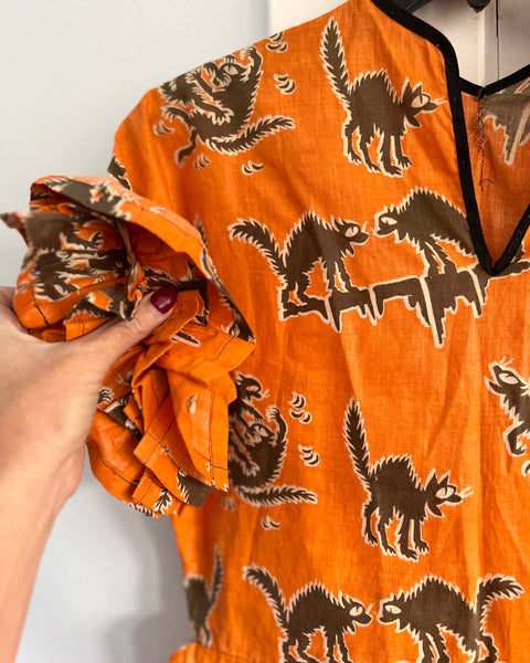 Rare 1930s Fighting Black Cats Halloween Cotton Blouse w/ Rhumba Ruffle Sleeves