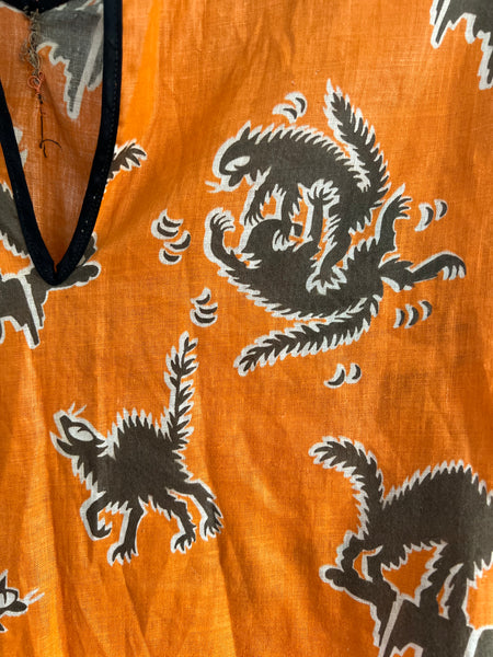 Rare 1930s Fighting Black Cats Halloween Cotton Blouse w/ Rhumba Ruffle Sleeves