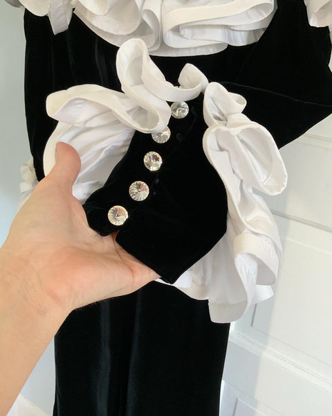 1980s "Lillie Rubin" Pierrot Inspired Velvet Evening Gown w/ Huge Ruffled Collar