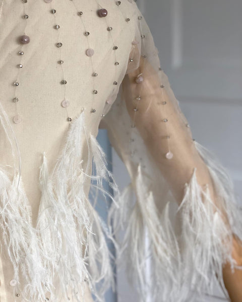 Couture Vintage Sheer Silk Organza Bias Cut "Naked" Gown with Hand Beaded Semi Precious Stones and Ostrich Feather Detailing