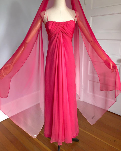 1960s Designer "Givenchy" Shocking Pink Silk Chiffon Draped Evening Gown and Huge Signed Shawl