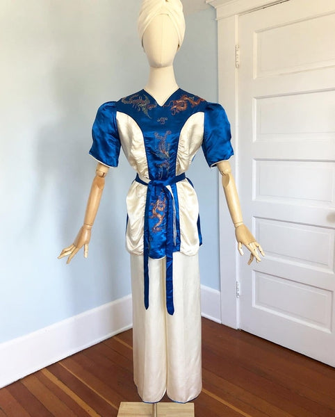 1930s Chinese Hand Embroidered Silk 4 Piece Lounging Pajama Set by "Moorson"
